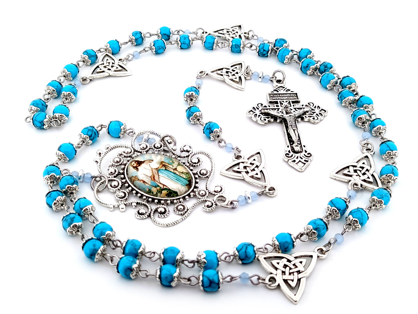Spirit of Jesus unique rosary beads turquoise gemstone rosary beads with Holy Trinity medals and Pardon crucifix.