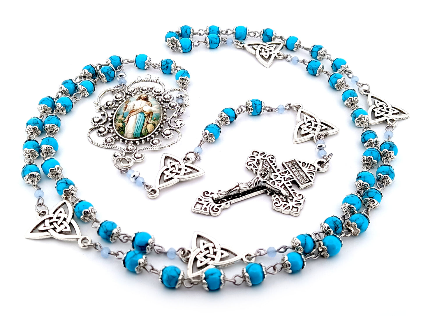 Spirit of Jesus unique rosary beads turquoise gemstone rosary beads with Holy Trinity medals and Pardon crucifix.