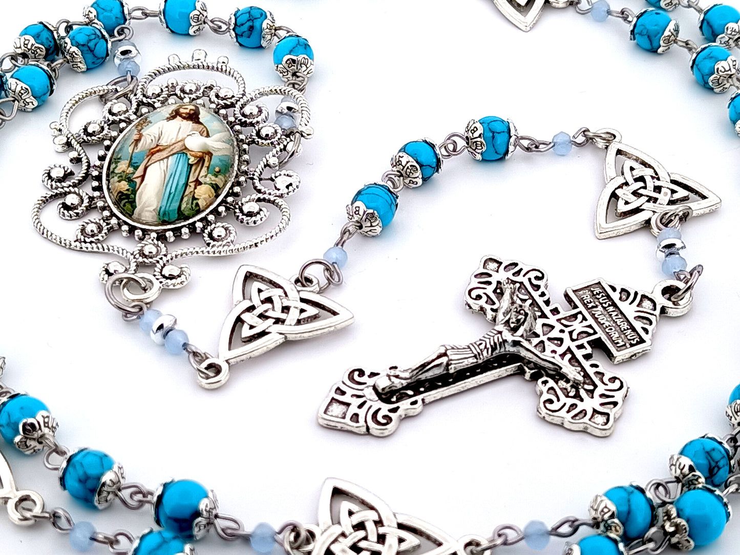 Spirit of Jesus unique rosary beads turquoise gemstone rosary beads with Holy Trinity medals and Pardon crucifix.