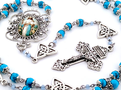 Spirit of Jesus unique rosary beads turquoise gemstone rosary beads with Holy Trinity medals and Pardon crucifix.