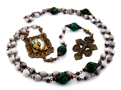 Saint Joseph and child Jesus unique rosary beads Jobs tears and jasper gemstone rosary beads with double medal crucifix.