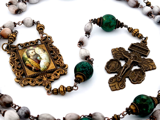 Saint Joseph and child Jesus unique rosary beads Jobs tears and jasper gemstone rosary beads with double medal crucifix.
