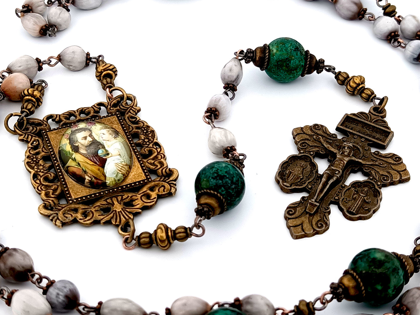 Saint Joseph and child Jesus unique rosary beads Jobs tears and jasper gemstone rosary beads with double medal crucifix.