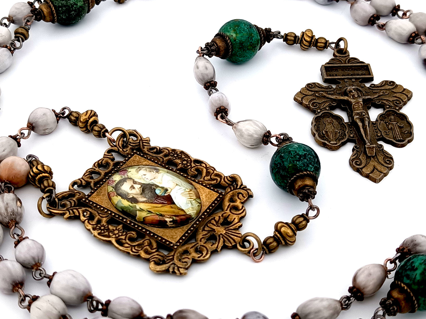 Saint Joseph and child Jesus unique rosary beads Jobs tears and jasper gemstone rosary beads with double medal crucifix.