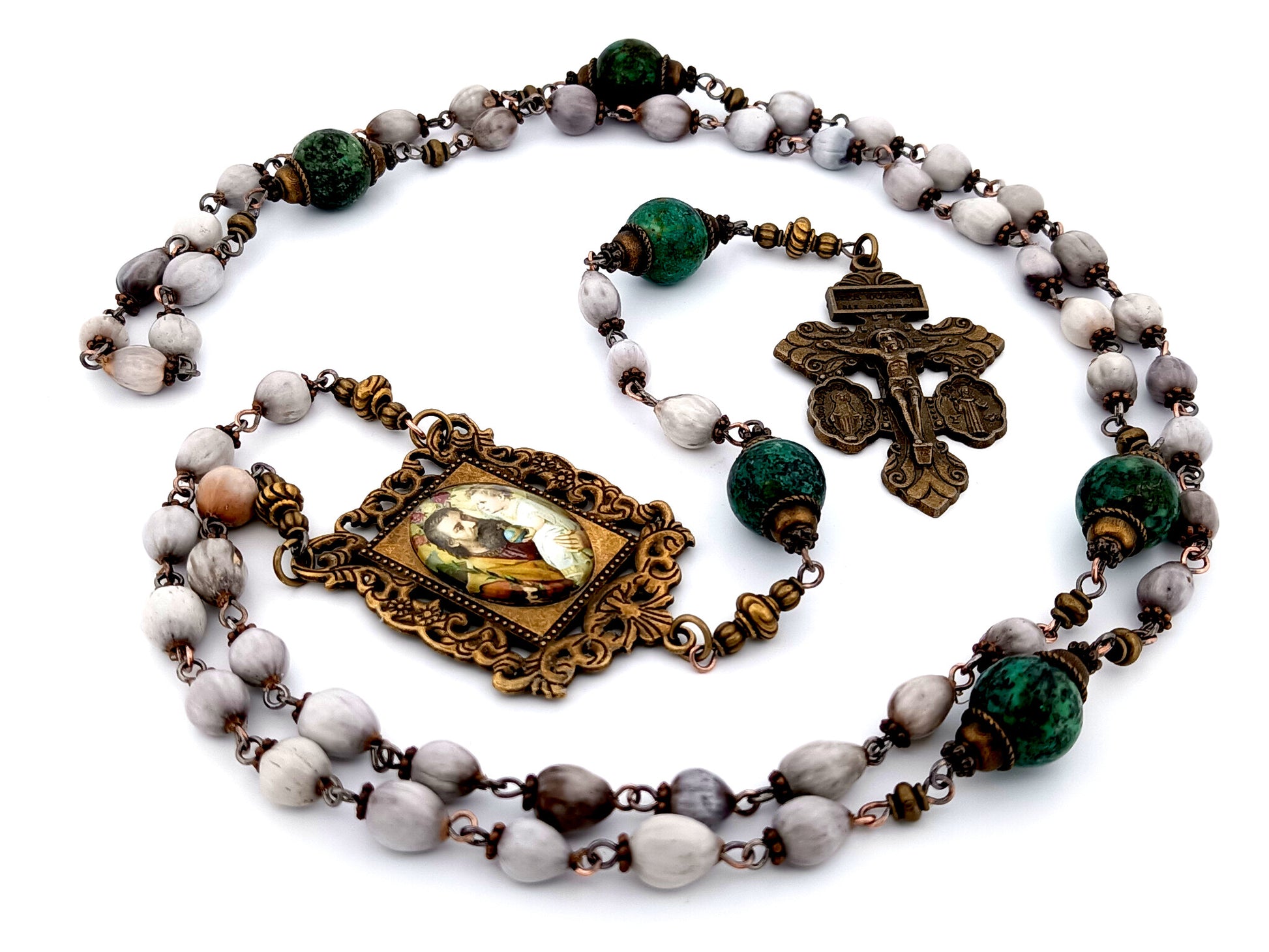 Saint Joseph and child Jesus unique rosary beads Jobs tears and jasper gemstone rosary beads with double medal crucifix.