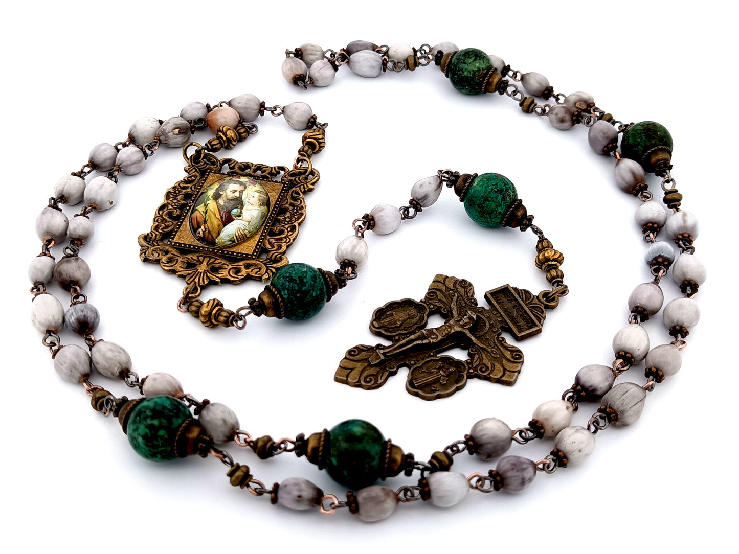 Saint Joseph and child Jesus unique rosary beads Jobs tears and jasper gemstone rosary beads with double medal crucifix.