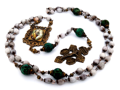 Saint Joseph and child Jesus unique rosary beads Jobs tears and jasper gemstone rosary beads with double medal crucifix.