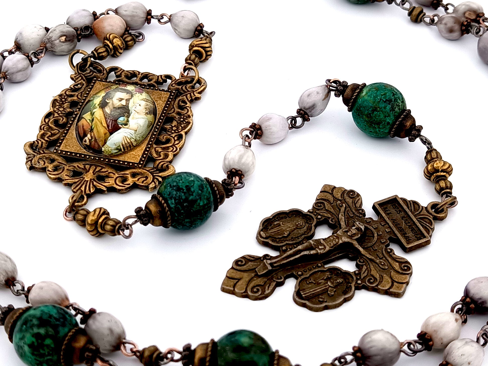 Saint Joseph and child Jesus unique rosary beads Jobs tears and jasper gemstone rosary beads with double medal crucifix.