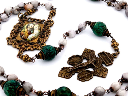 Saint Joseph and child Jesus unique rosary beads Jobs tears and jasper gemstone rosary beads with double medal crucifix.