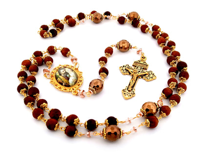 Saint Joseph and child Jesus unique rosary beads dark olive wood rosary with gold plated Pardon crucifix.