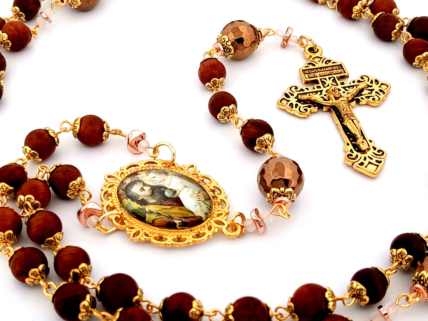 Saint Joseph and child Jesus unique rosary beads dark olive wood rosary with gold plated Pardon crucifix.
