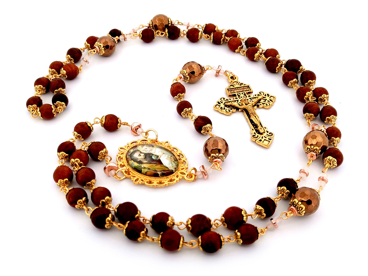 Saint Joseph and child Jesus unique rosary beads dark olive wood rosary with gold plated Pardon crucifix.