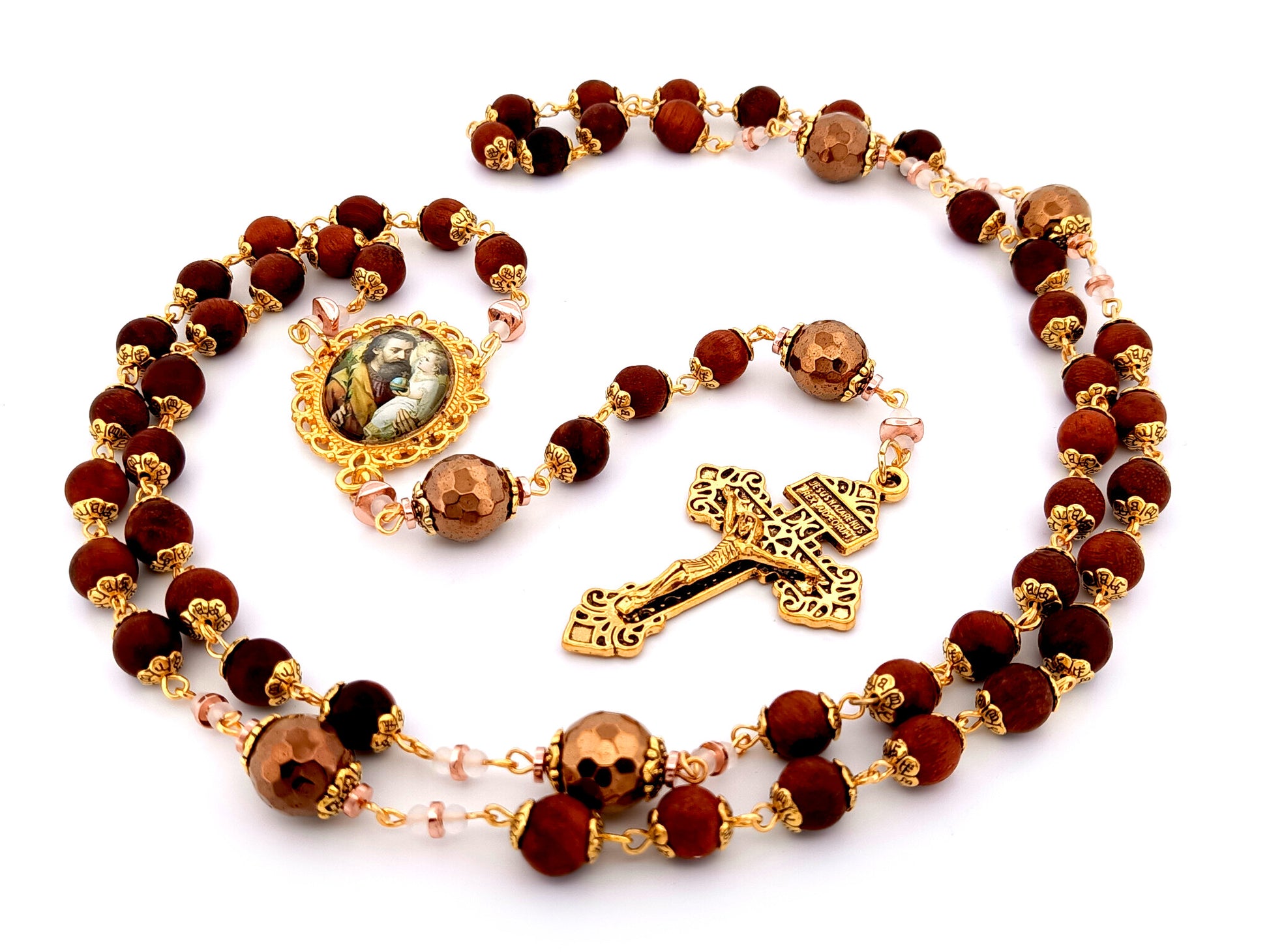 Saint Joseph and child Jesus unique rosary beads dark olive wood rosary with gold plated Pardon crucifix.