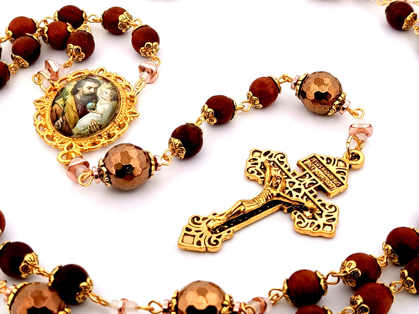 Saint Joseph and child Jesus unique rosary beads dark olive wood rosary with gold plated Pardon crucifix.