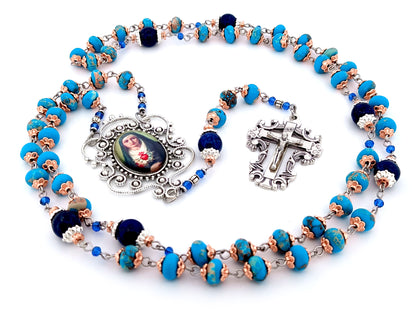 Our Lady of Sorrows unique rosary beads blue jasper gemstone dolor rosary prayer chaplet beads with filigree crucifix.
