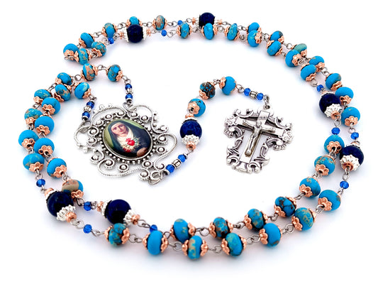 Our Lady of Sorrows unique rosary beads blue jasper gemstone dolor rosary prayer chaplet beads with filigree crucifix.