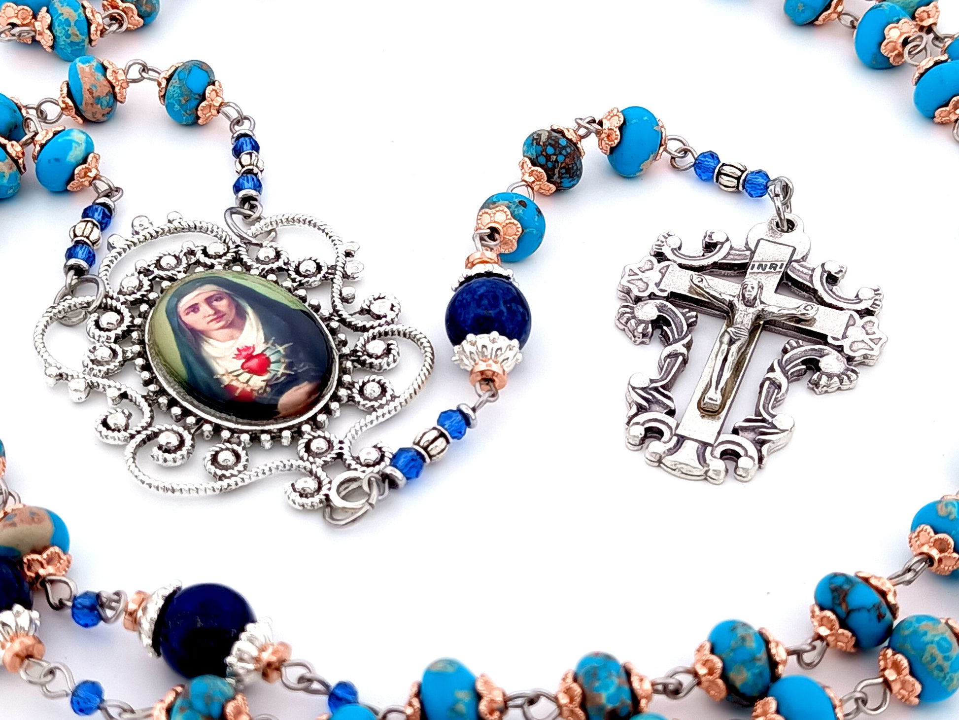 Our Lady of Sorrows unique rosary beads blue jasper gemstone dolor rosary prayer chaplet beads with filigree crucifix.