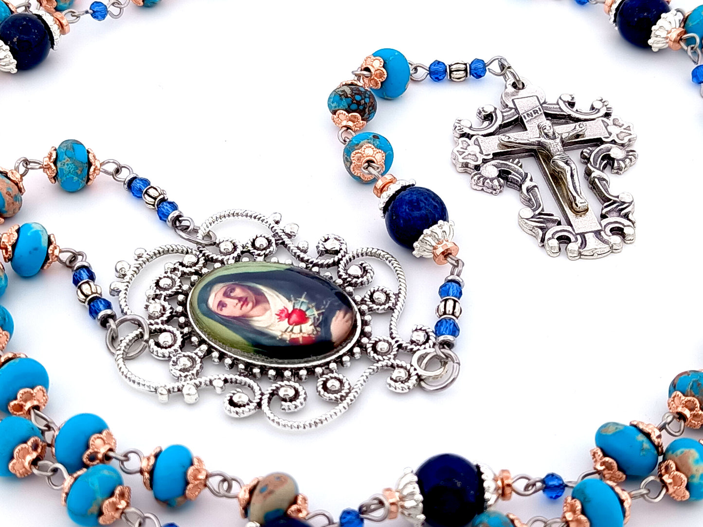 Our Lady of Sorrows unique rosary beads blue jasper gemstone dolor rosary prayer chaplet beads with filigree crucifix.
