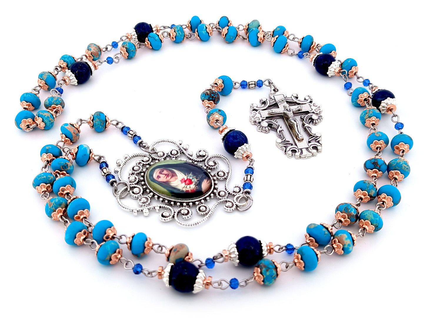 Our Lady of Sorrows unique rosary beads blue jasper gemstone dolor rosary prayer chaplet beads with filigree crucifix.