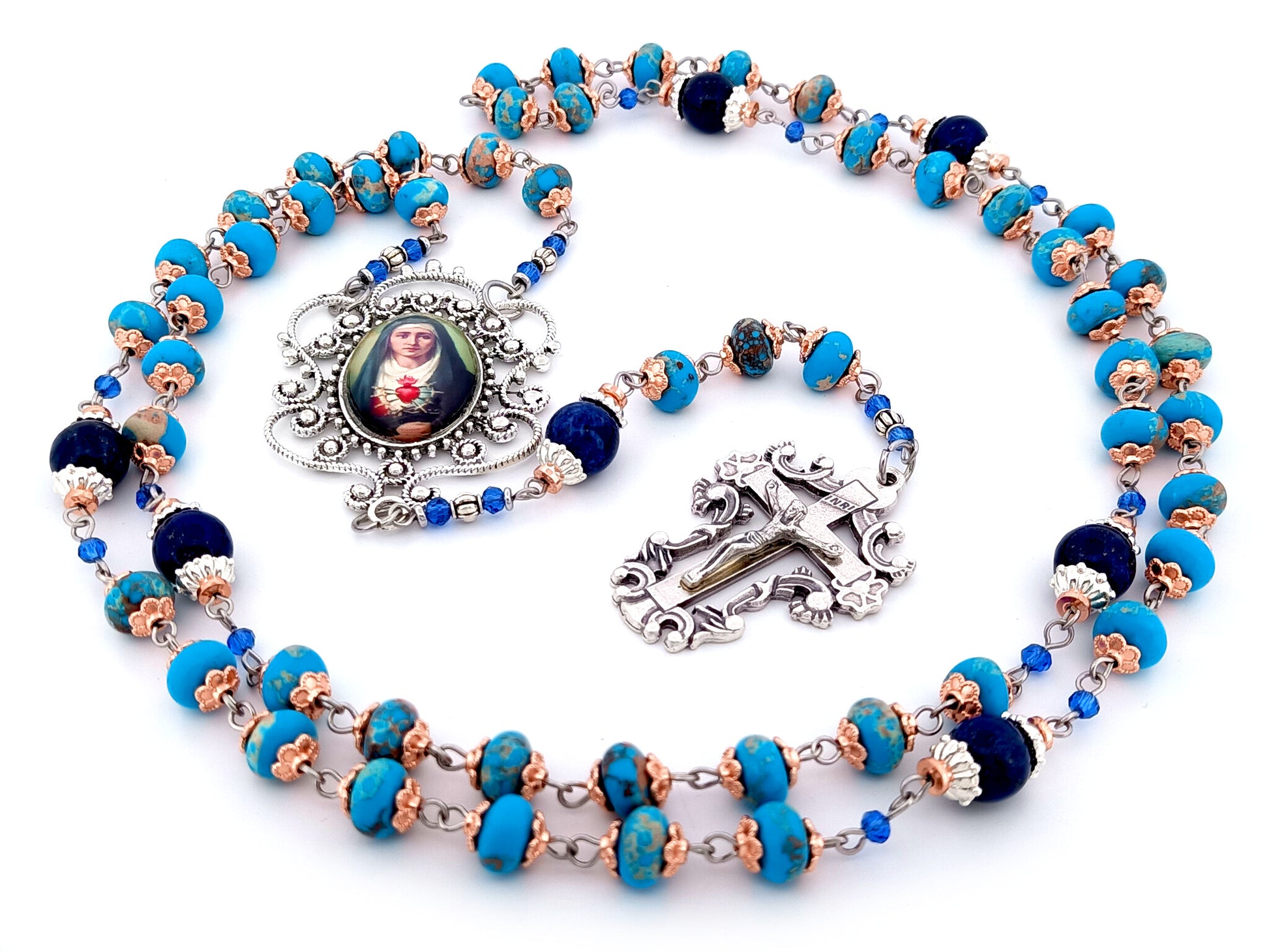 Our Lady of Sorrows unique rosary beads blue jasper gemstone dolor rosary prayer chaplet beads with filigree crucifix.