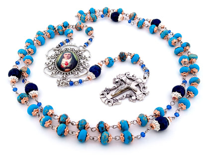 Our Lady of Sorrows unique rosary beads blue jasper gemstone dolor rosary prayer chaplet beads with filigree crucifix.