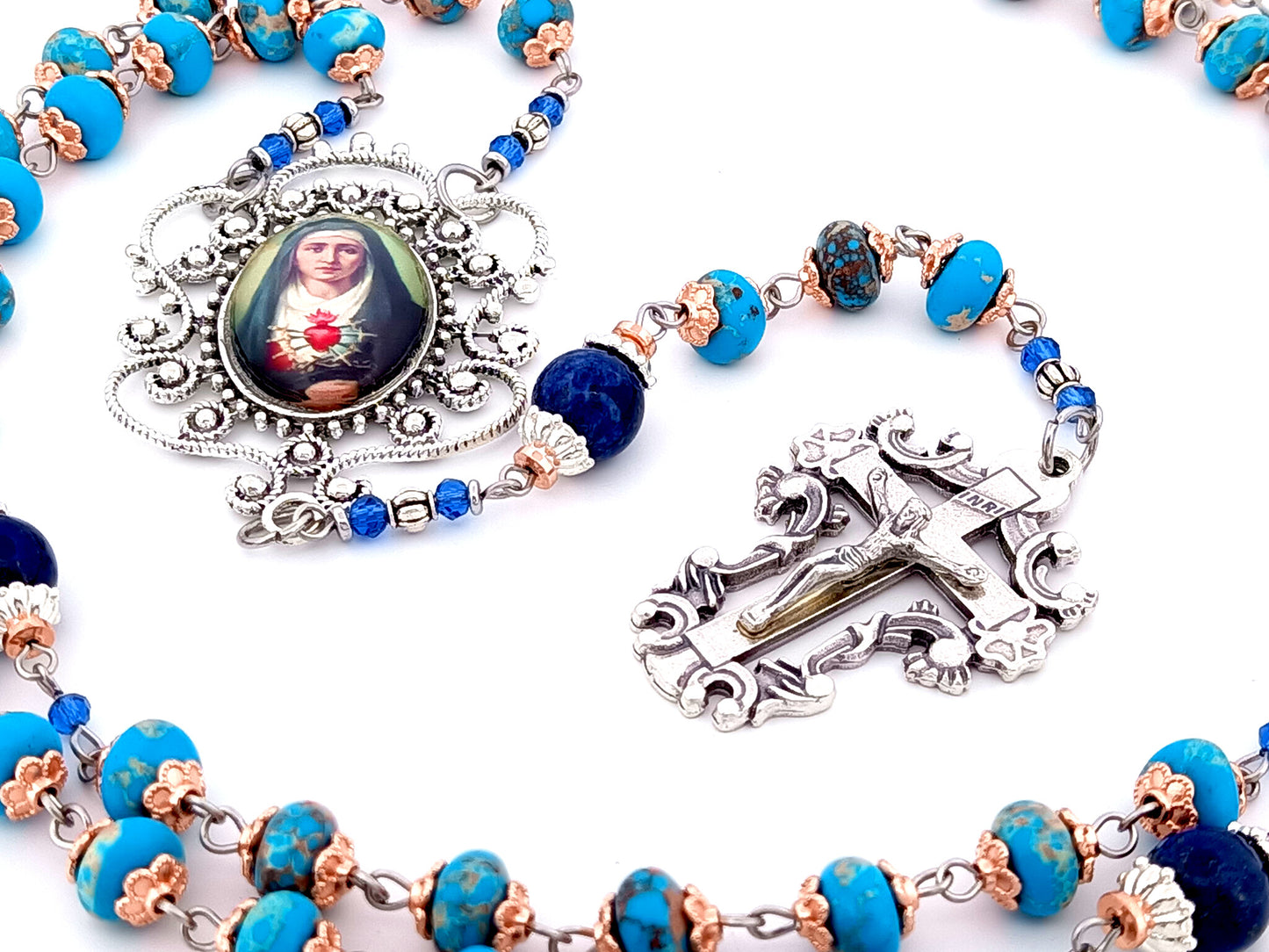 Our Lady of Sorrows unique rosary beads blue jasper gemstone dolor rosary prayer chaplet beads with filigree crucifix.