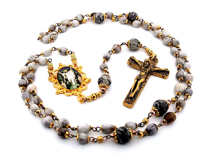 Christ's Resurrection unique rosary beads Jobs tears and jasper gemstone rosary with solid brass crucifix.