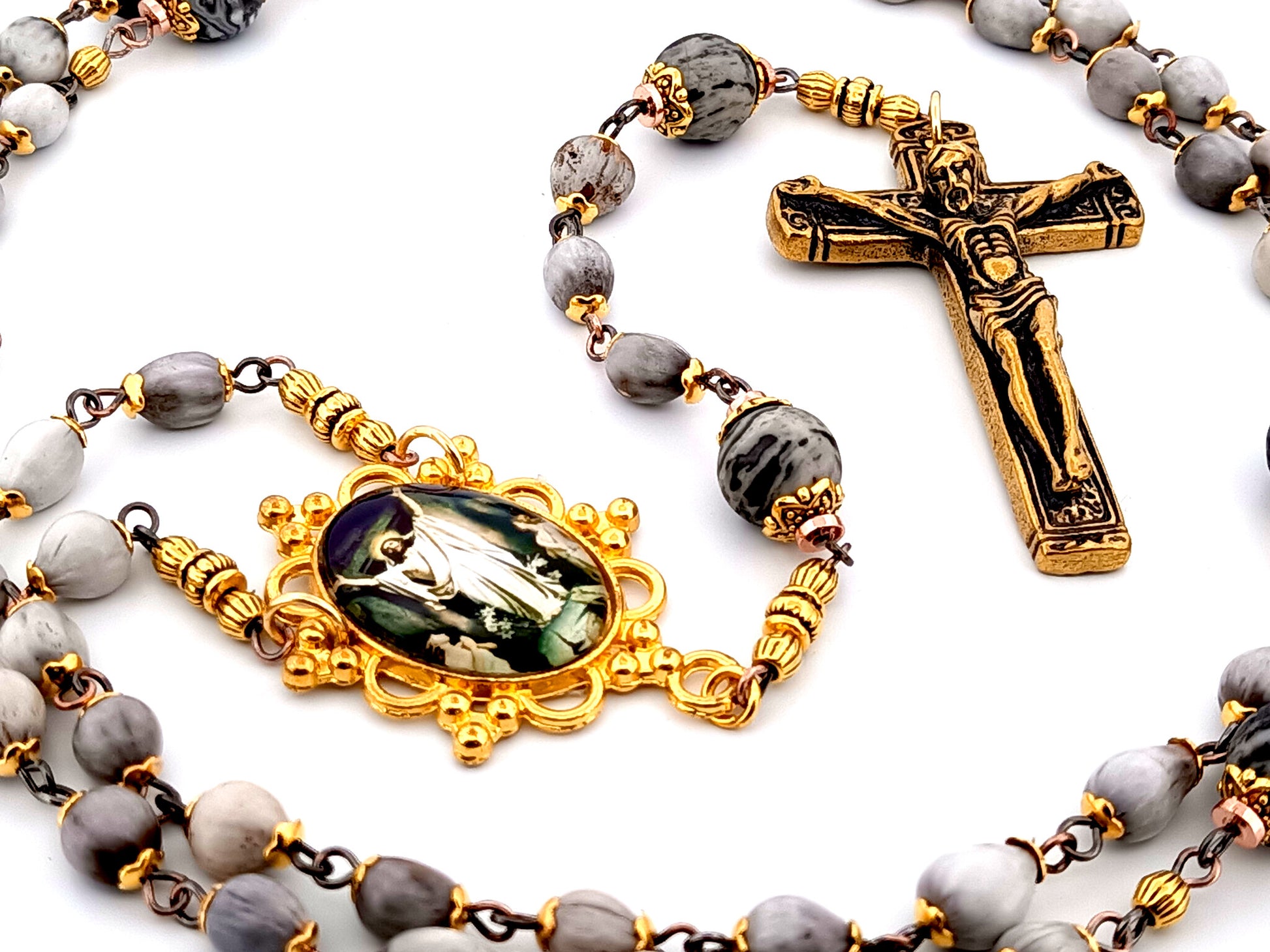 Christ's Resurrection unique rosary beads Jobs tears and jasper gemstone rosary with solid brass crucifix.