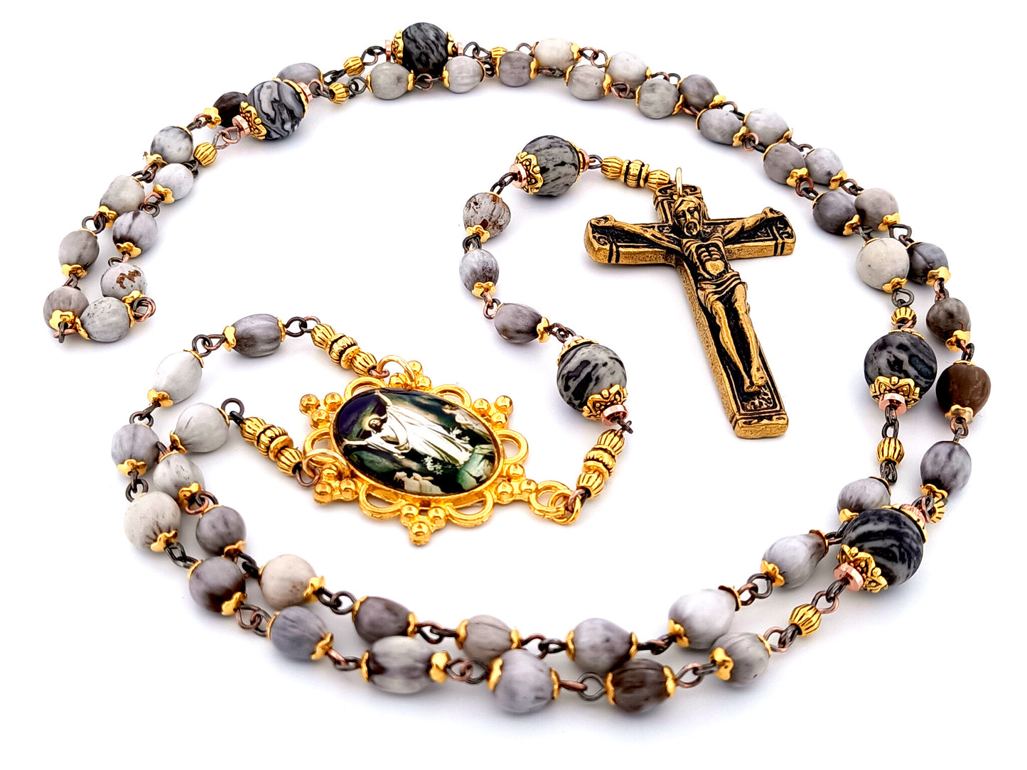 Christ's Resurrection unique rosary beads Jobs tears and jasper gemstone rosary with solid brass crucifix.