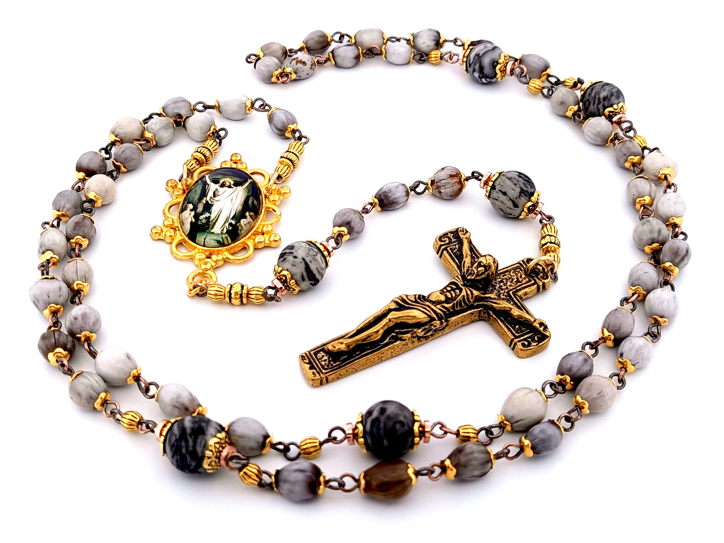 Christ's Resurrection unique rosary beads Jobs tears and jasper gemstone rosary with solid brass crucifix.