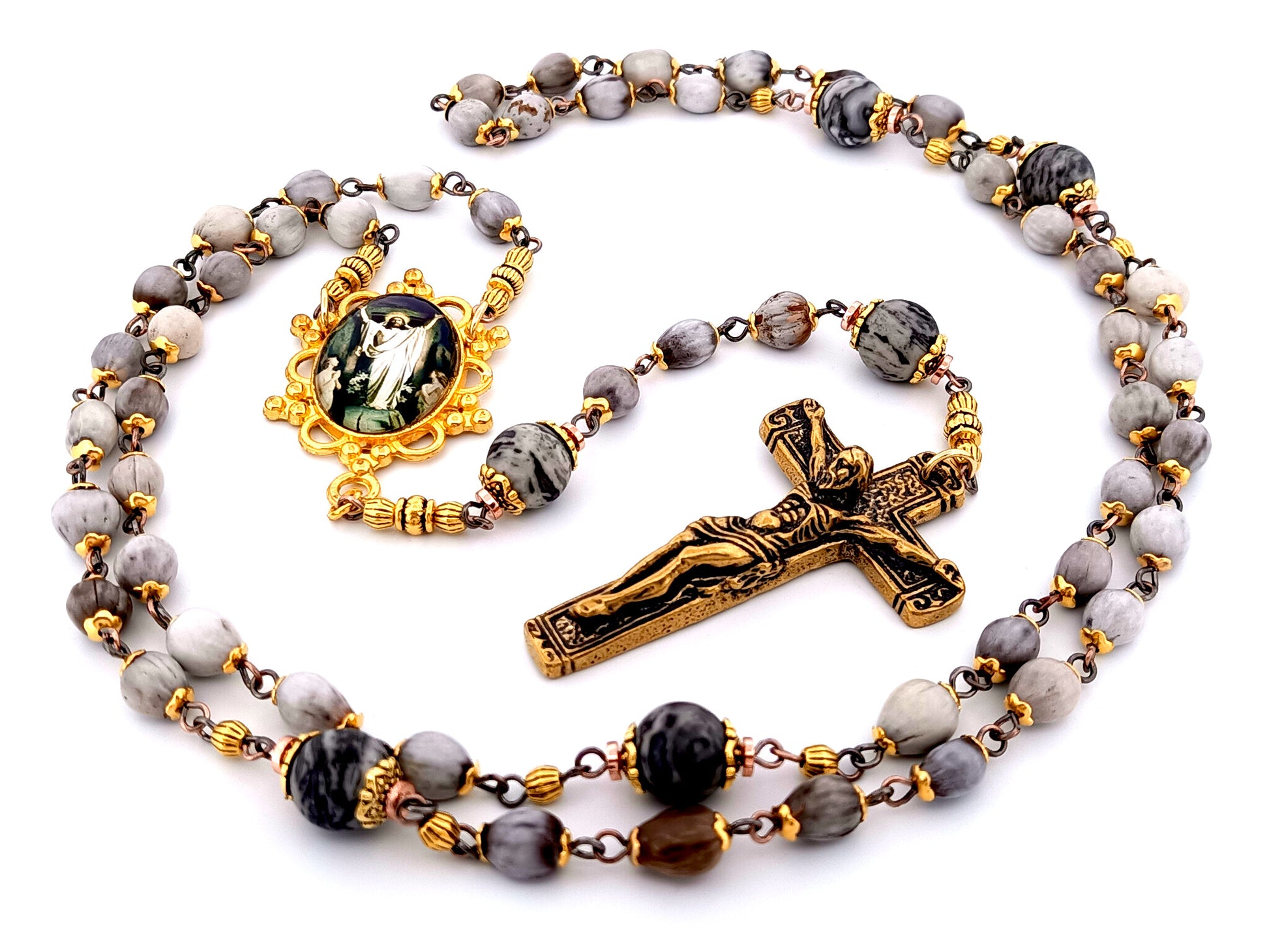 Christ's Resurrection unique rosary beads Jobs tears and jasper gemstone rosary with solid brass crucifix.