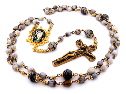 Christ's Resurrection unique rosary beads Jobs tears and jasper gemstone rosary with solid brass crucifix.