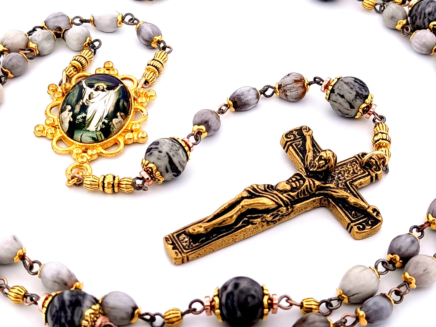 Christ's Resurrection unique rosary beads Jobs tears and jasper gemstone rosary with solid brass crucifix.