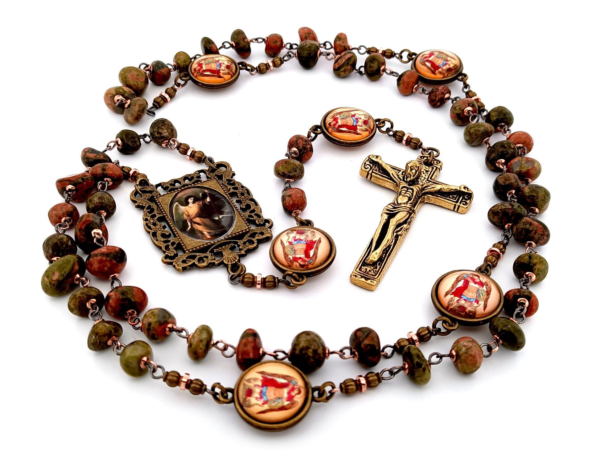 Saint Raphael unique rosary beads agate nugget gemstone and Saint Michael medal rosary with gold plated crucifix.