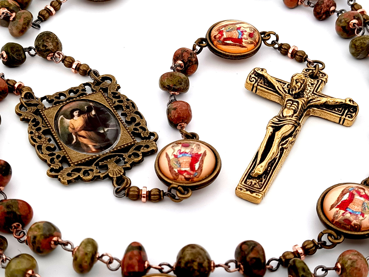 Saint Raphael unique rosary beads agate nugget gemstone and Saint Michael medal rosary with gold plated crucifix.
