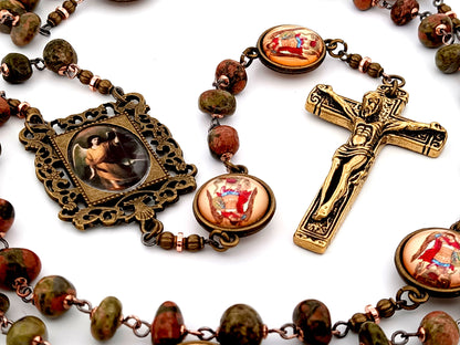 Saint Raphael unique rosary beads agate nugget gemstone and Saint Michael medal rosary with gold plated crucifix.