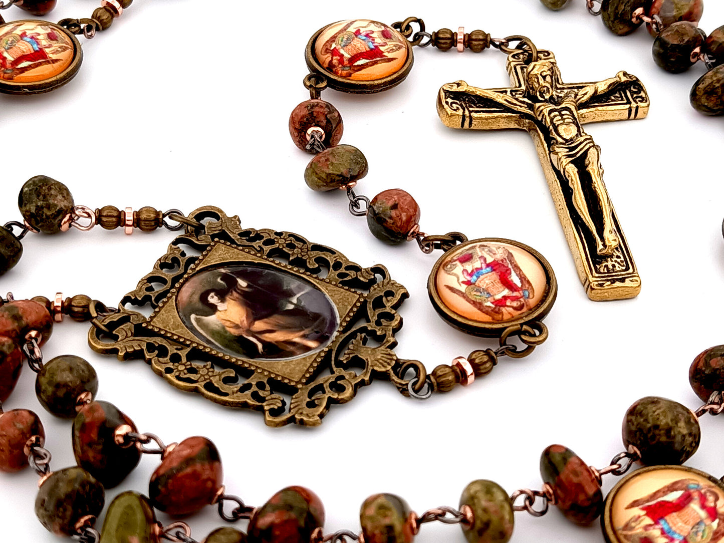 Saint Raphael unique rosary beads agate nugget gemstone and Saint Michael medal rosary with gold plated crucifix.
