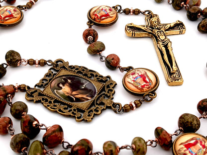 Saint Raphael unique rosary beads agate nugget gemstone and Saint Michael medal rosary with gold plated crucifix.