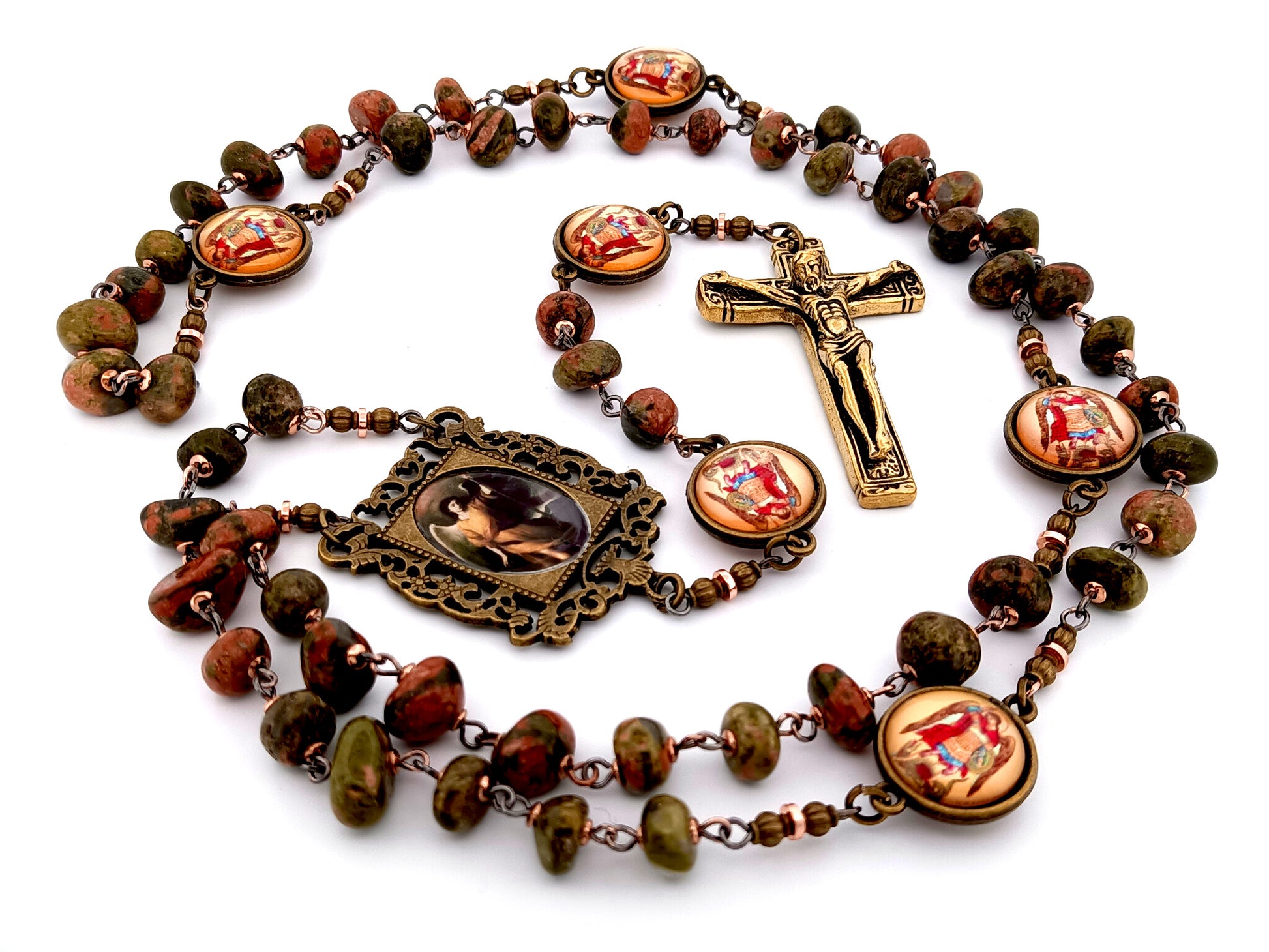Saint Raphael unique rosary beads agate nugget gemstone and Saint Michael medal rosary with gold plated crucifix.