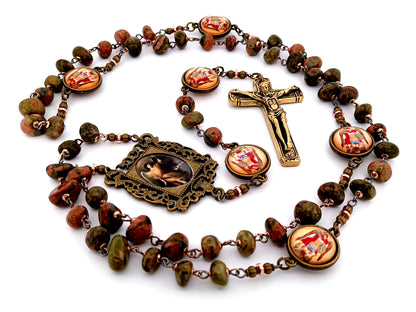 Saint Raphael unique rosary beads agate nugget gemstone and Saint Michael medal rosary with gold plated crucifix.