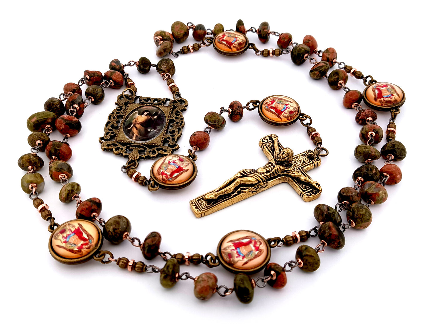 Saint Raphael unique rosary beads agate nugget gemstone and Saint Michael medal rosary with gold plated crucifix.