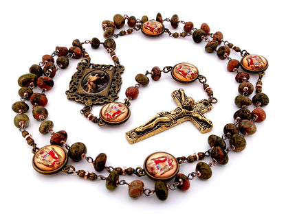 Saint Raphael unique rosary beads agate nugget gemstone and Saint Michael medal rosary with gold plated crucifix.