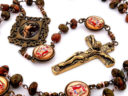 Saint Raphael unique rosary beads agate nugget gemstone and Saint Michael medal rosary with gold plated crucifix.