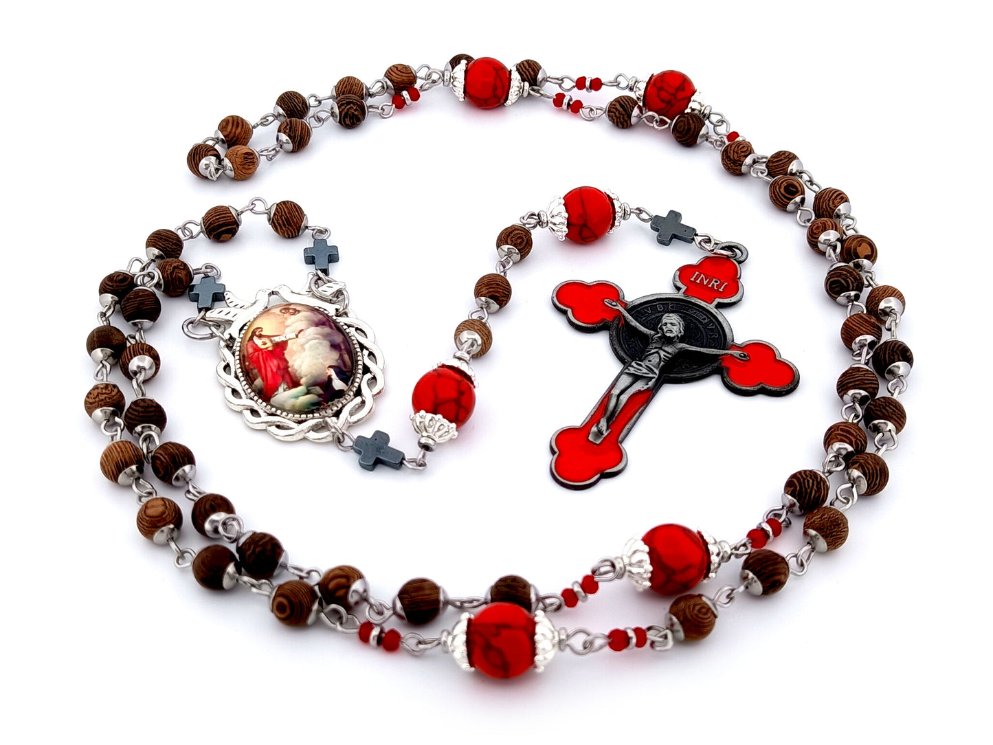 Saint Margaret Mary Alacoque unique rosary beads dark olive wood rosary  with red enamel Saint Benedict crucifix.