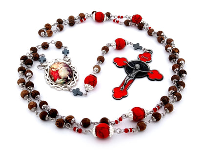 Saint Margaret Mary Alacoque unique rosary beads dark olive wood rosary  with red enamel Saint Benedict crucifix.