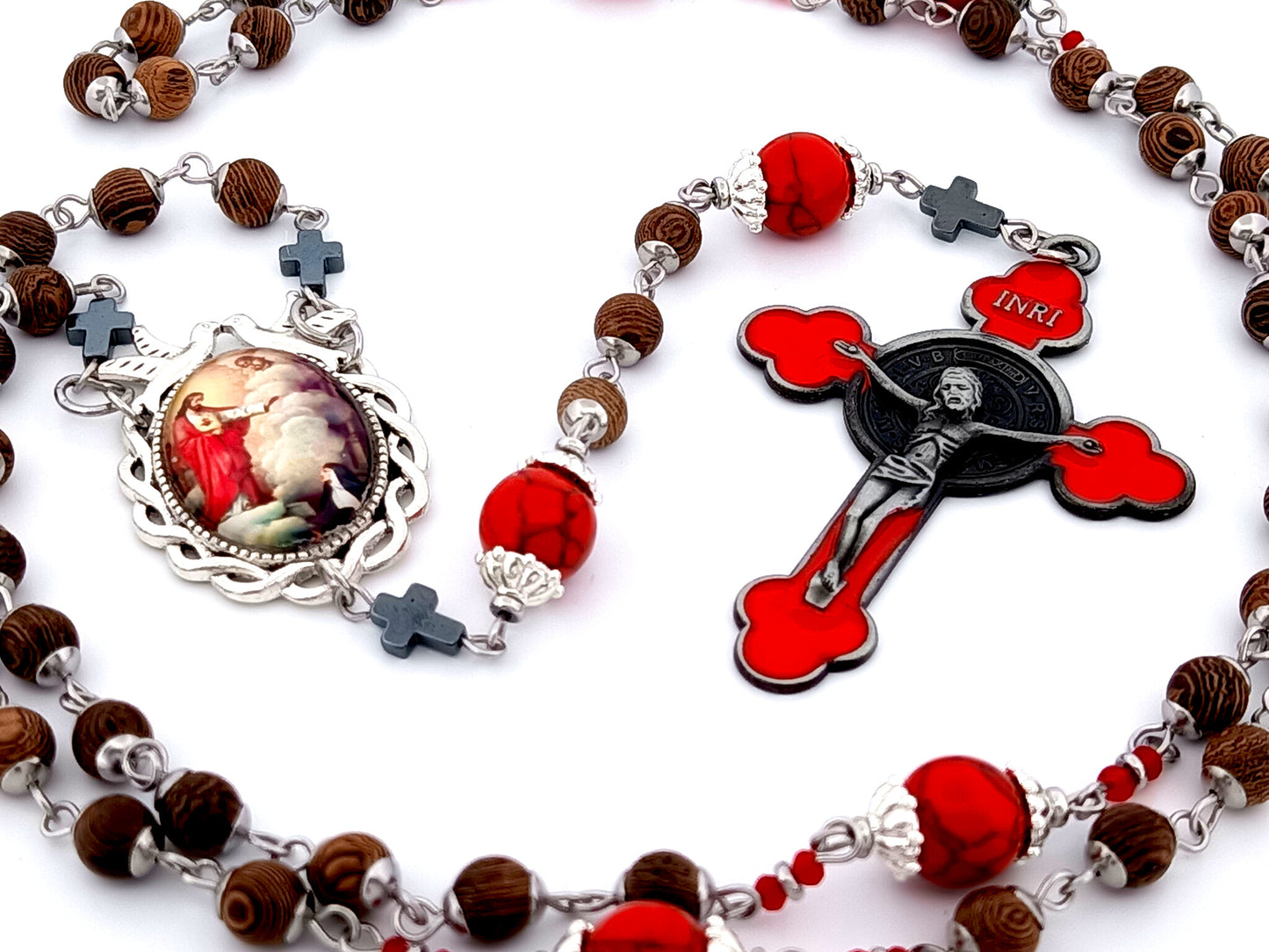 Saint Margaret Mary Alacoque unique rosary beads dark olive wood rosary  with red enamel Saint Benedict crucifix.