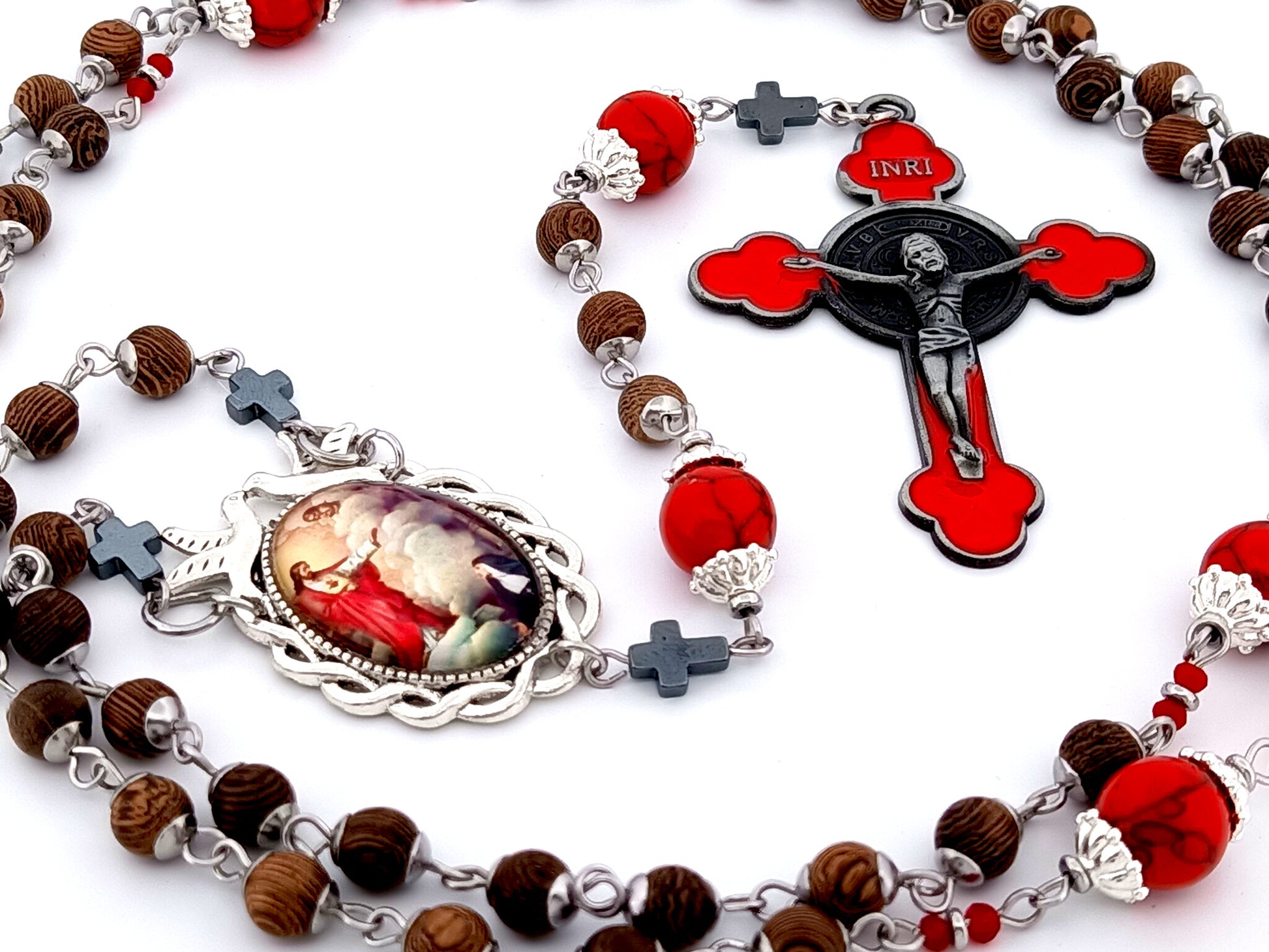 Saint Margaret Mary Alacoque unique rosary beads dark olive wood rosary  with red enamel Saint Benedict crucifix.