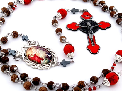 Saint Margaret Mary Alacoque unique rosary beads dark olive wood rosary  with red enamel Saint Benedict crucifix.