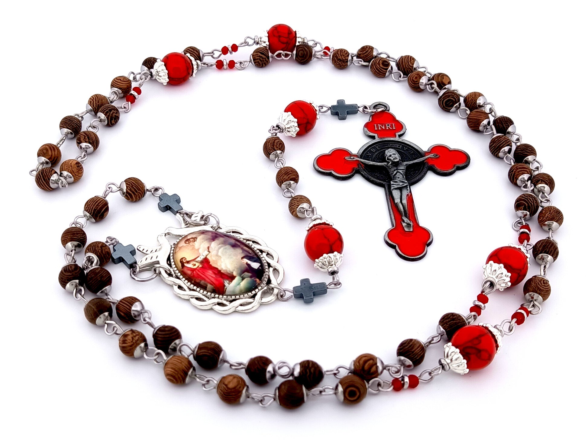 Saint Margaret Mary Alacoque unique rosary beads dark olive wood rosary  with red enamel Saint Benedict crucifix.