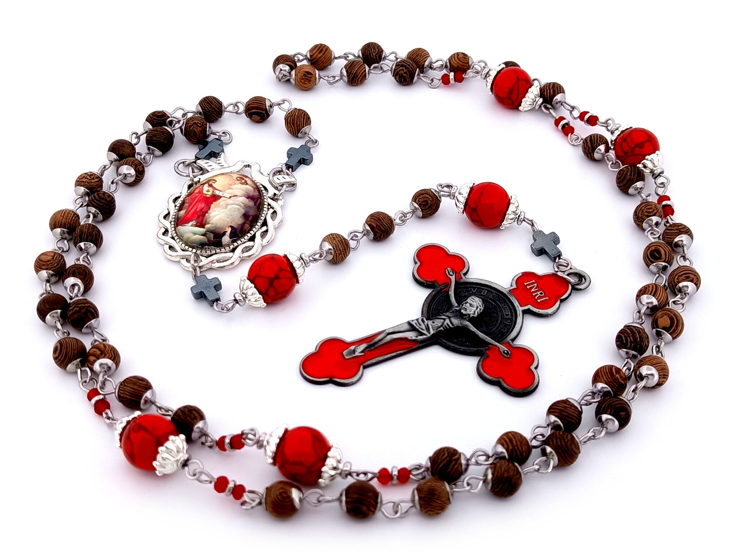 Saint Margaret Mary Alacoque unique rosary beads dark olive wood rosary  with red enamel Saint Benedict crucifix.